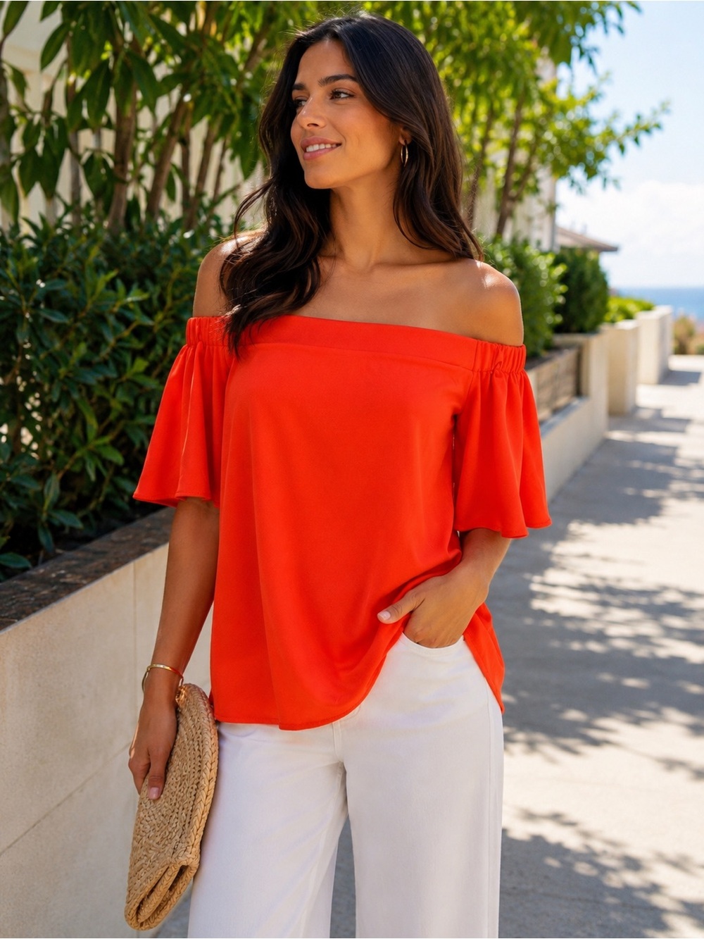 DO+BE Off-Shoulder Flutter Sleeve Top in Vibrant Neon Orange